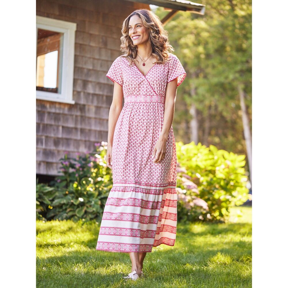 April Cornell Provence Hostess Dress Floral Block Print Midi Maxi Cotton Women M